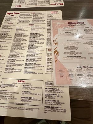 Main menu and specials menu (vegan menu not pictured, it's on the back of the specials menu) at Olga's Diner in Marlton