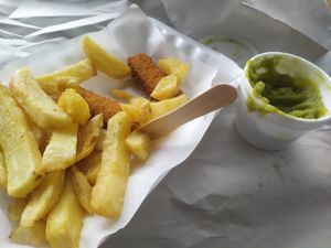 Fishless fingers with chips & mushy peas at Barnacles in Llandudno