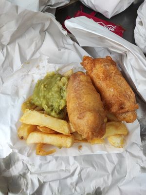 Vegan battered sausage and chips at Barnacles in Llandudno