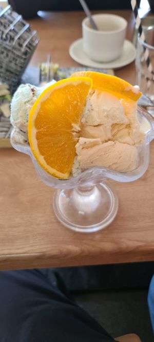 Ice cream sundae (vegan)...just 3 scoops of ice cream at Barnacles in Llandudno