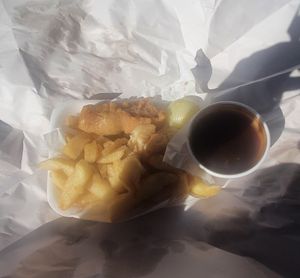 Chips, Battered sausage & gravy at Barnacles in Llandudno