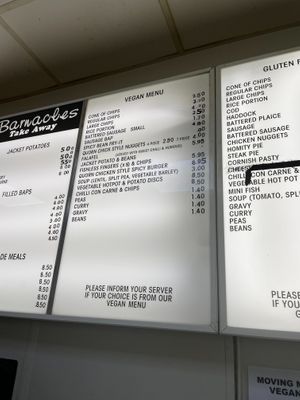 Takeaway menu at Barnacles in Llandudno
