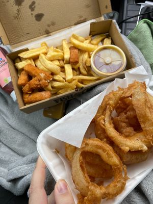 Fishless fingers, chips, curry sauce and onion rings at Barnacles in Llandudno