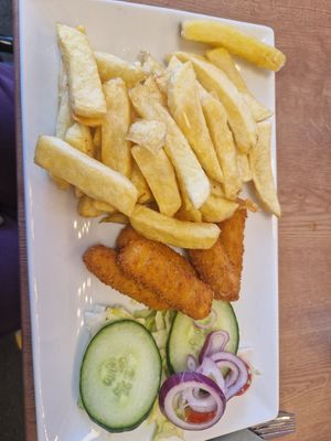 Fish fingers and chips from the vegan menu. at Barnacles in Llandudno