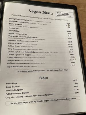 Vegan menu as of May ‘25  at Barnacles in Llandudno