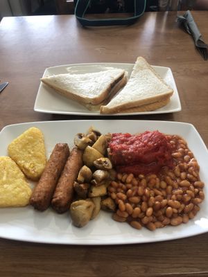 Vegan all day breakfast and sausage sandwich at Barnacles in Llandudno