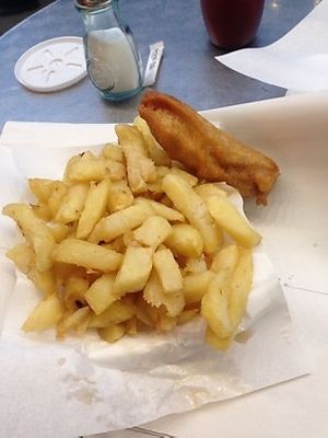 Vegan sausage & chips  at Barnacles in Llandudno