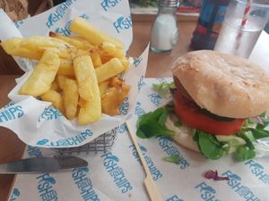 Spicy bean burger and chips at Barnacles in Llandudno