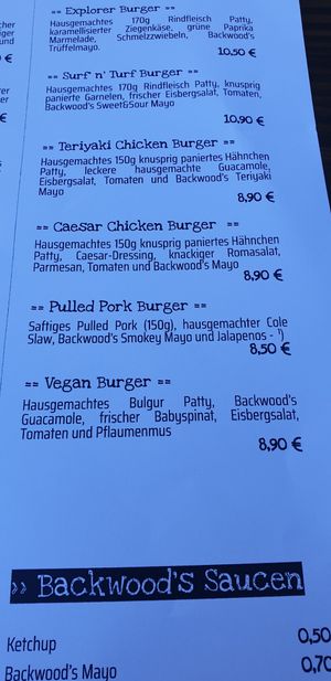 Menu at Backwood Burger in Bad Sachsa
