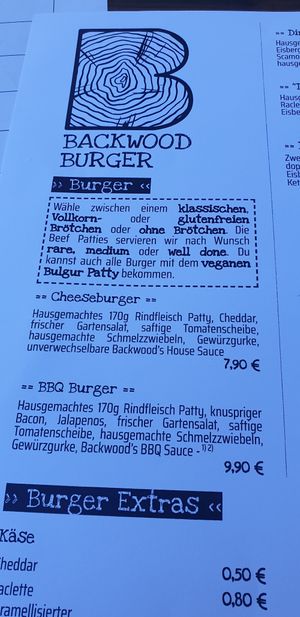 Menu at Backwood Burger in Bad Sachsa