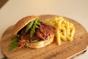 Vegan Tikka Burger with Chips. at Buttercup in Durban