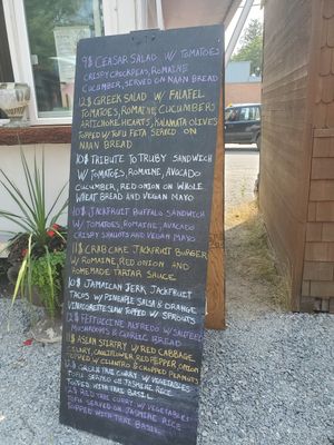 Menu outside the cart with day's offerings at Dirty Vegan in Sandpoint