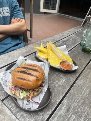 Cheesy garlic bread and burger  at The Locker Room in Queenstown