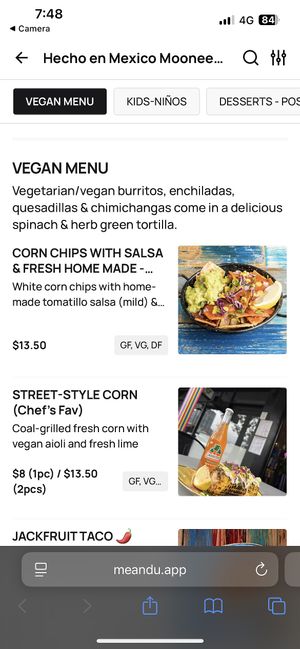 Vegan menu  at Hecho en Mexico in Moonee Ponds