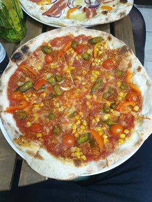Jalapeno pizza with extra sweetcorn at GreenGorilla in Budapest