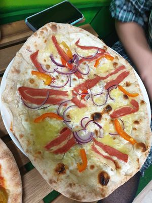 Non bacon pizza at GreenGorilla in Budapest