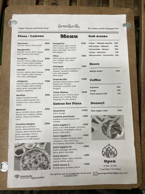 Menu  at GreenGorilla in Budapest
