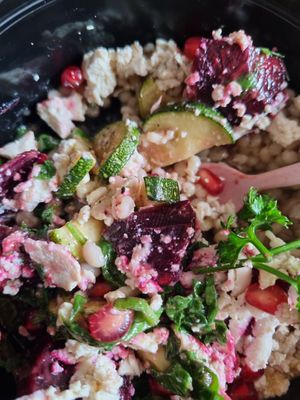 Grains salad with tofu, beetroot, courgettes and pomegranate at Vegan Kitchen by Infinitea in Bangalore