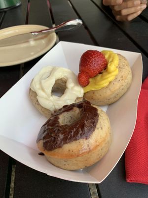 Vanilla, chocolate, and super vanilla vegan donuts! at Sara's Donut Story in Flower Mound