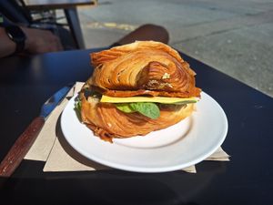 Vegan pastrami cheese croissant! at Ground Plant Based Coffee in Swansea