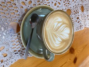 Lavender latte with oat milk! at Ground Plant Based Coffee in Swansea