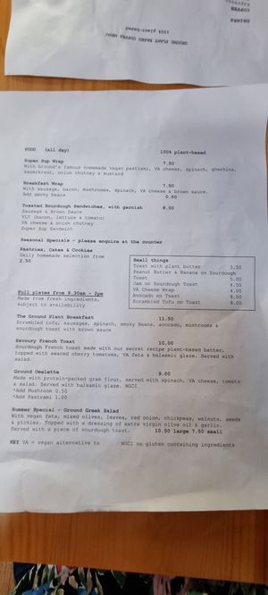 Current food menu at Ground Plant Based Coffee in Swansea