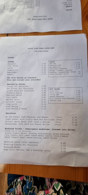 Current drink menu at Ground Plant Based Coffee in Swansea