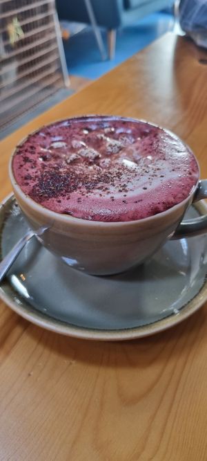 Red velvet hot chocolate with marshmellows at Ground Plant Based Coffee in Swansea