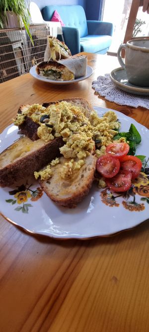 Scrambled tofu on toast at Ground Plant Based Coffee in Swansea