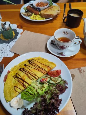 Omelette and English breakfast at Ground Plant Based Coffee in Swansea