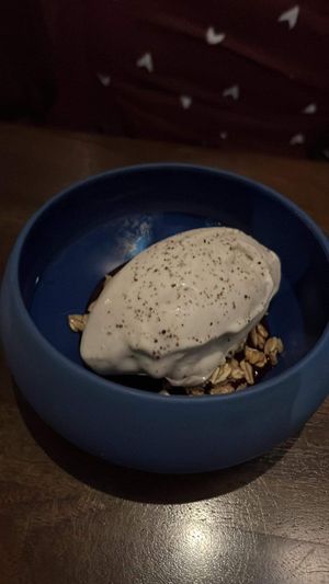 Vegan ice cream with Granola and a berry compote   at Grey Sweater in Oklahoma City