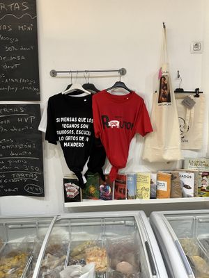 Frozen food and vegan Tees and books  at the GREEN Grocery in Malaga