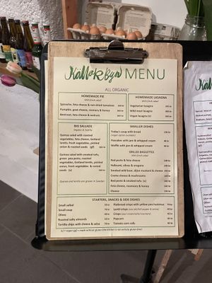 English menu with labelled vegan products   at Källarbyn in Stockholm