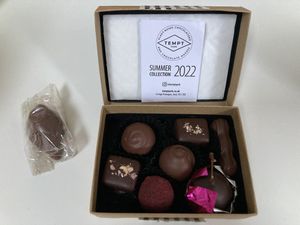 something to try from the summer collection: raspberry truffle, peanut caramel, morroccan marzipan, peanut caramel, whitby sea salt caramel and kirsch cherry marzipan .  at Tempt in York