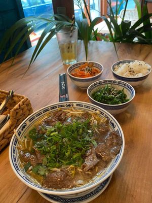 pho and sides at La Vegana in Warsaw