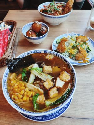 Ramen, seitan balls, shrimps and udon at La Vegana in Warsaw