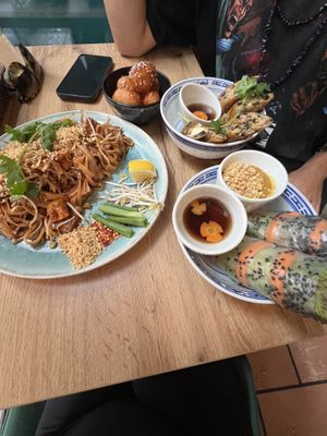 Left to right -> pad Thai, spring rolls, summer rolls. All gluten free!!!   at La Vegana in Warsaw