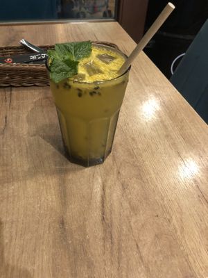 Mango and passion fruit drink  at La Vegana in Warsaw