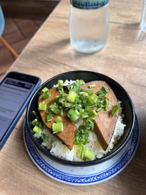 Smothered seitan with algae covering on reheated rice. Not good - too fishy.   at La Vegana in Warsaw