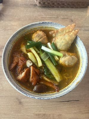 Something from the big bowl menu with dumplings  at La Vegana in Warsaw