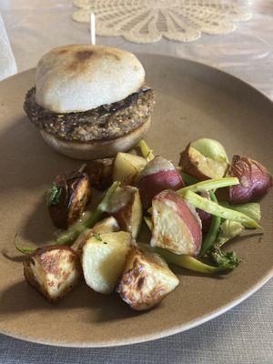 Zucchini Burger & side of the day   at Dan d'Lion Eatery in Hungry Horse