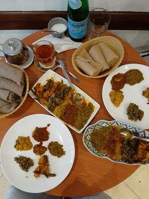 Ethiopian tea and injera plate at Harar Restaurant in South West London
