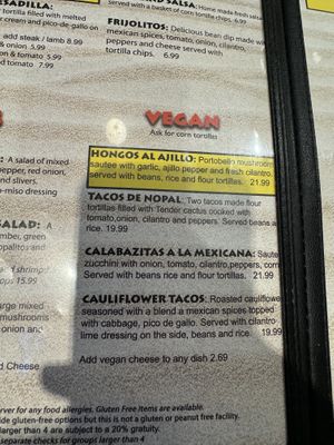 Vegan menu  at Miguel's Baja Grill in Moab
