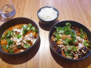 Tofu Yellow Curry & Penang Curry both vegan at Betel Boy in Daylesford