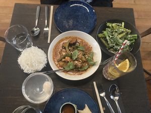 Eggplant curry, steamed broccoli and rice  at Betel Boy in Daylesford
