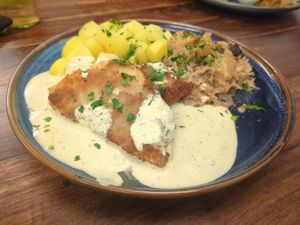 Seasonal dish: Celery schnitzel with parsley potatoes, mustard sauce and sauerkraut (#veganuary 2025) at Pfannenzauber in Aachen
