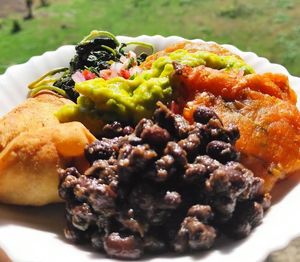 Potato bhajias, samosas, black beans, guacamole, greens and salsa. at Vegan Basket in Kilifi
