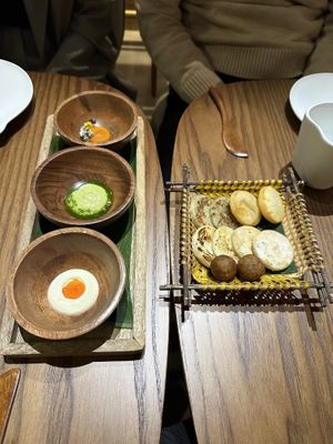 Arepas i plátano - potato - yucca - corn - wheat sauces: guasacaca - sour cream - chontaduro butter   at MITA in Washington