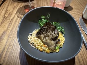 Charred banana - pearled barley- Maitake mushroom- mizuna  at MITA in Washington