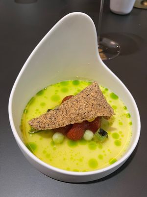 Watermelon, fermented carrots, wild rice, and cilantro.  at MITA in Washington